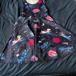 Space Print Skater Dress in Navy with Pink & Blue Planets